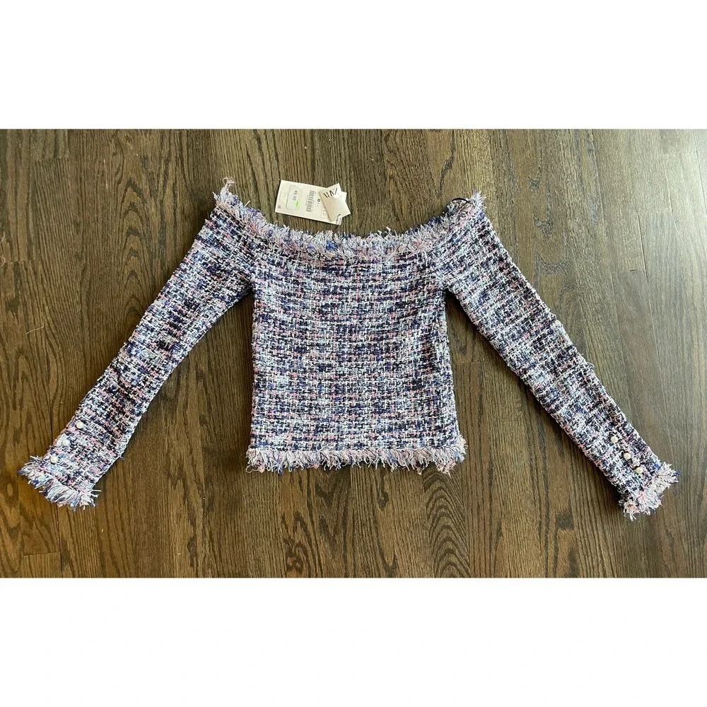 NWT ZARA Tweed Frayed Off-Shoulder Blue Pink Sweater Top Small - Picture 7 of 8